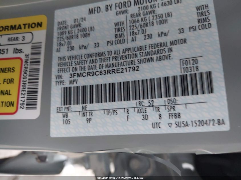 2024 Ford Bronco Sport Outer Banks VIN: 3FMCR9C63RRE21792 Lot: 43819296