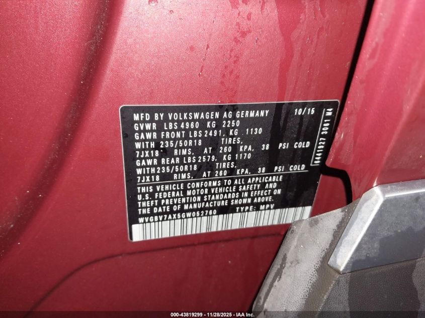 2016 Volkswagen Tiguan Se VIN: WVGBV7AX5GW052760 Lot: 43819299