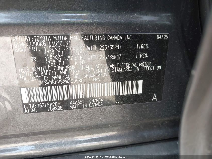 2025 Toyota Rav4 Xle VIN: 2T3W1RFV5SW390980 Lot: 43819313