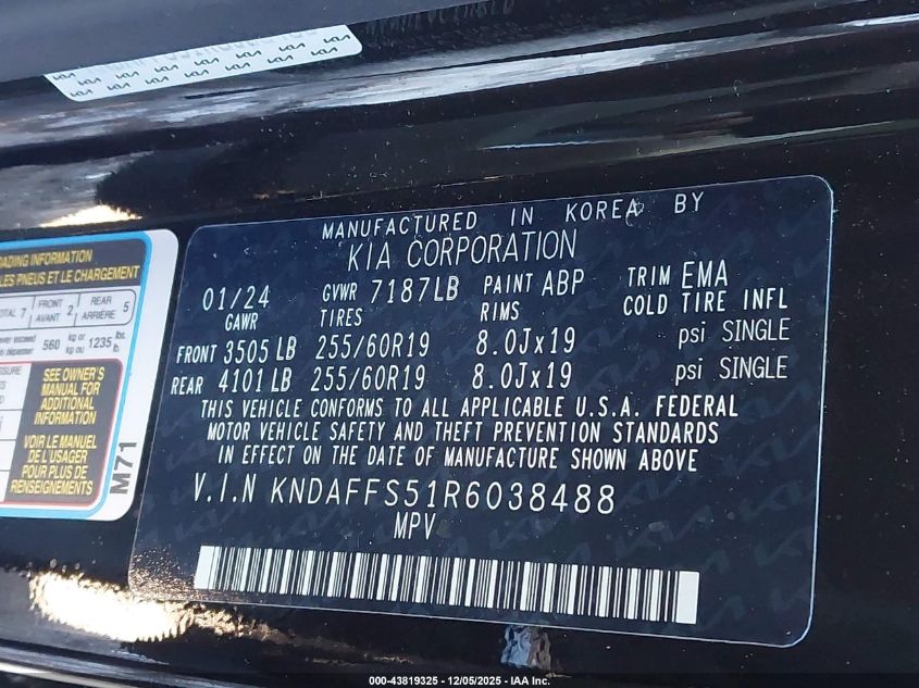 2024 Kia Ev9 Wind VIN: KNDAFFS51R6038488 Lot: 43819325