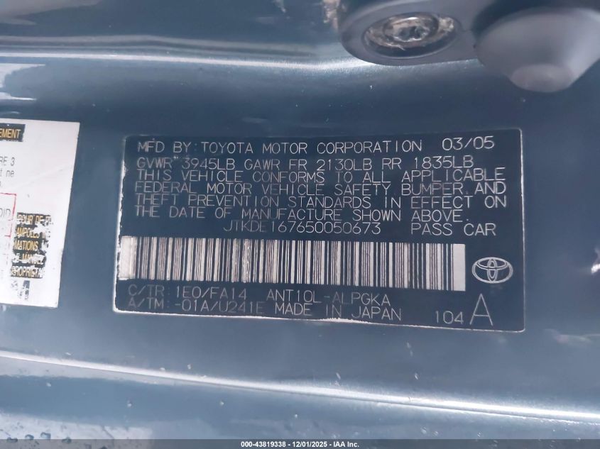 2005 Scion Tc VIN: JTKDE167650050673 Lot: 43819338