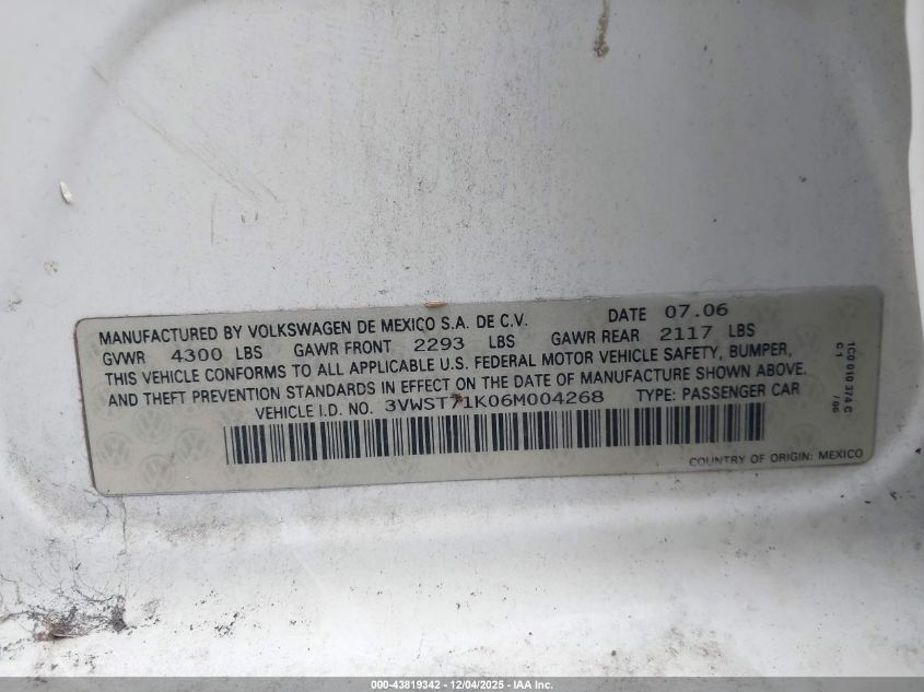 2006 Volkswagen Jetta Tdi VIN: 3VWST71K06M004268 Lot: 43819342