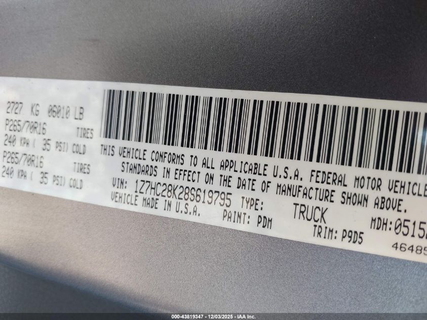2008 Mitsubishi Raider Ls VIN: 1Z7HC28K28S619795 Lot: 43819347