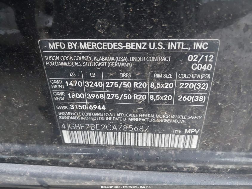 2012 Mercedes-Benz Gl 450 4Matic VIN: 4JGBF7BE2CA785687 Lot: 43819348