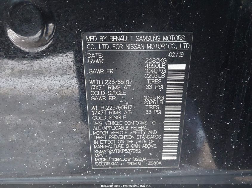 2019 Nissan Rogue Sv VIN: KNMAT2MT1KP537952 Lot: 43819350