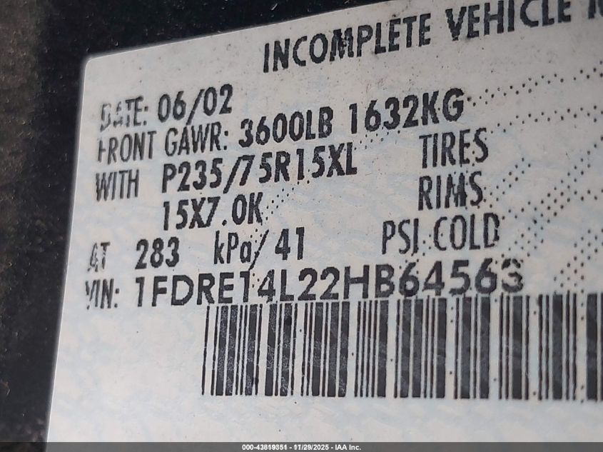 2002 Ford E-150 Commercial/Recreational VIN: 1FDRE14L22HB64563 Lot: 43819351