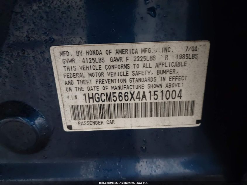 2004 Honda Accord 2.4 Ex VIN: 1HGCM566X4A151004 Lot: 43819355