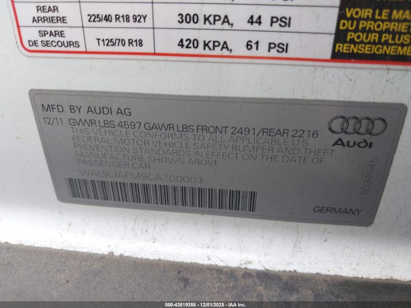 2012 Audi A3 2.0 Tdi Premium VIN: WAUKJAFM9CA100003 Lot: 43819358