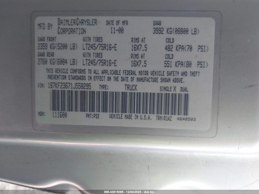 2001 Dodge Ram 2500 St VIN: 1B7KF23671J558295 Lot: 43819369