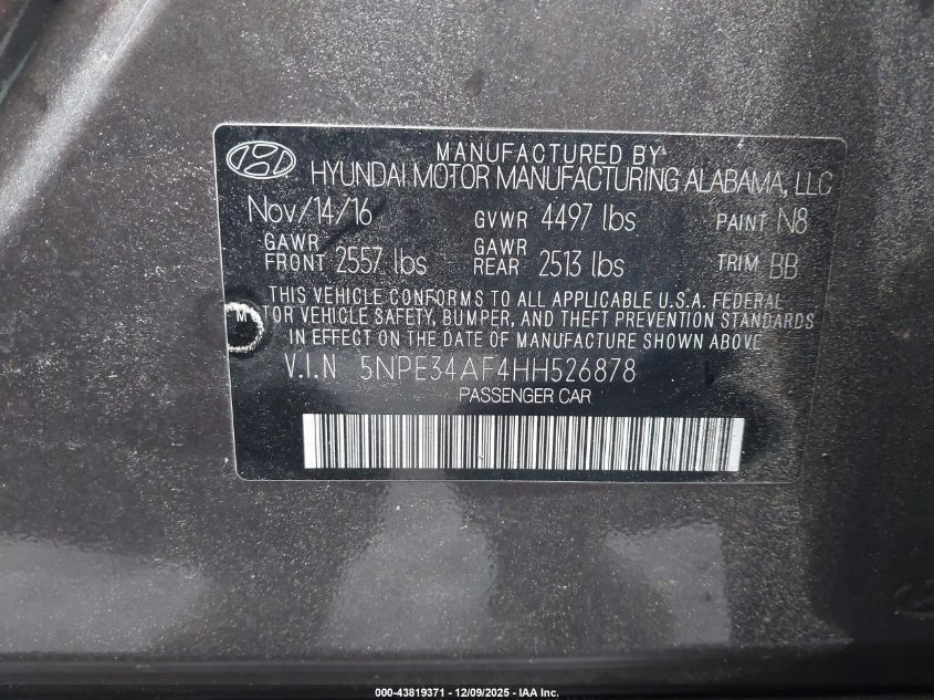2017 Hyundai Sonata Limited VIN: 5NPE34AF4HH526878 Lot: 43819371