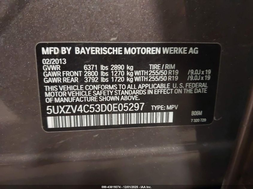 2013 BMW X5 xDrive35I/xDrive35I Premium/xDrive35I Sport Activity VIN: 5UXZV4C53D0E05297 Lot: 43819374