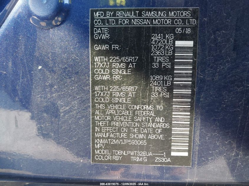 2018 Nissan Rogue S VIN: KNMAT2MV1JP593065 Lot: 43819375