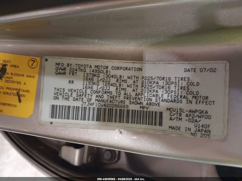 2002 Lexus Rx 300 VIN: JTJHF10U420286669 Lot: 43819381