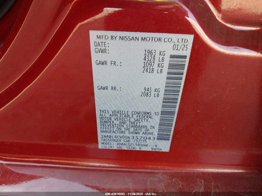 2025 Nissan Altima Sr Fwd VIN: 1N4BL4CV0SN357043 Lot: 43819382