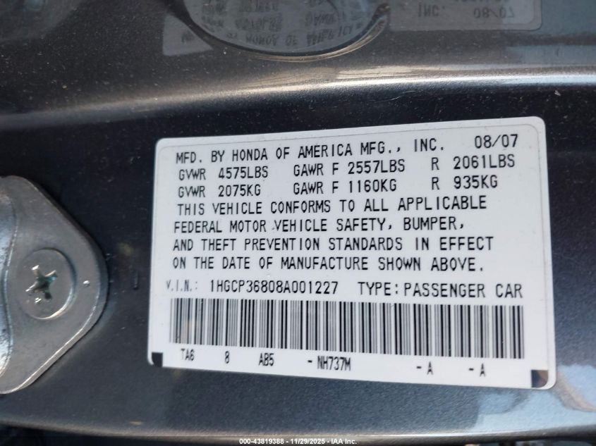 2008 Honda Accord 3.5 Ex-L VIN: 1HGCP36808A001227 Lot: 43819388