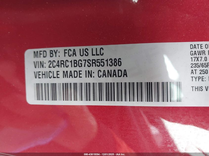 2025 Chrysler Pacifica Select VIN: 2C4RC1BG7SR551386 Lot: 43819394