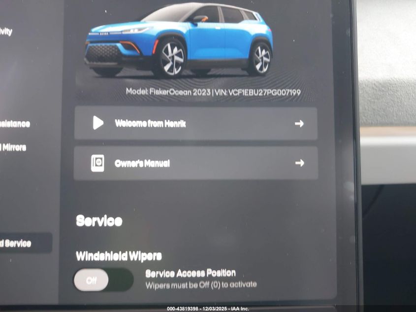 2023 Fisker Ocean Extreme VIN: VCF1EBU27PG007199 Lot: 43819398