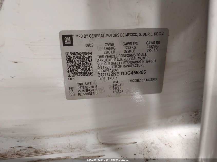 2018 GMC Sierra 1500 Slt VIN: 3GTU2NEJ1JG456385 Lot: 43819411