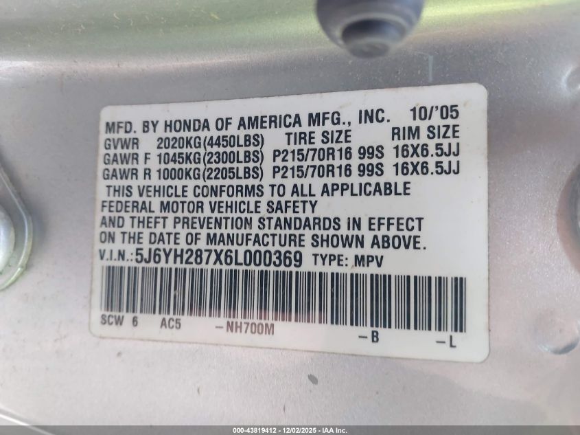 2006 Honda Element Ex-P VIN: 5J6YH287X6L000369 Lot: 43819412