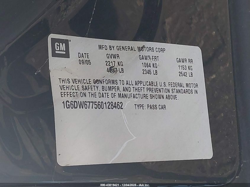 2006 Cadillac Sts V6 VIN: 1G6DW677560128462 Lot: 43819421