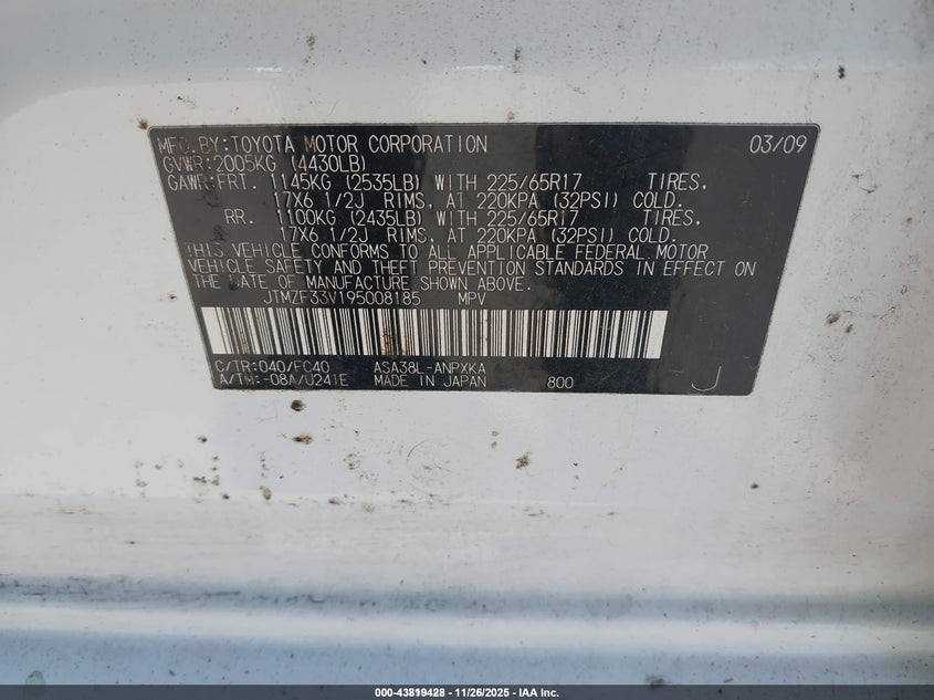 2009 Toyota Rav4 VIN: JTMZF33V195008185 Lot: 43819428