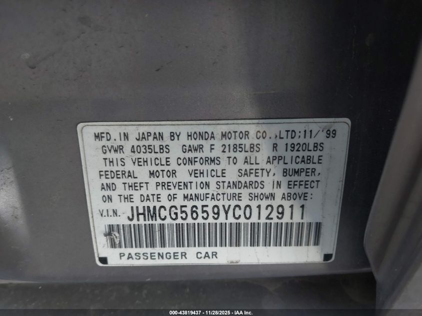 2000 Honda Accord 2.3 Ex VIN: JHMCG5659YC012911 Lot: 43819437