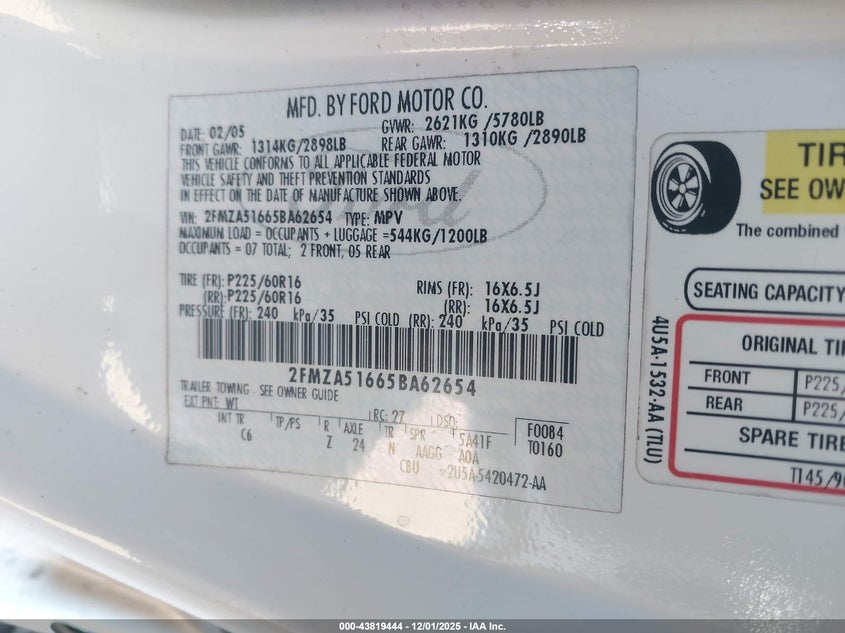 2FMZA51665BA62654 2005 FORD FREESTAR photo no. 9