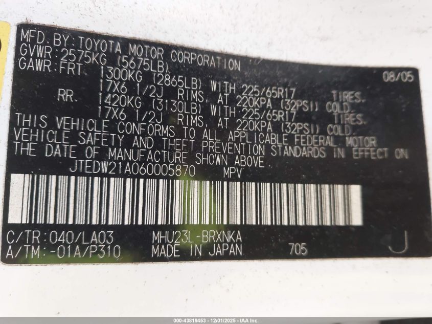 2006 Toyota Highlander Hybrid Limited V6 VIN: JTEDW21A060005870 Lot: 43819453