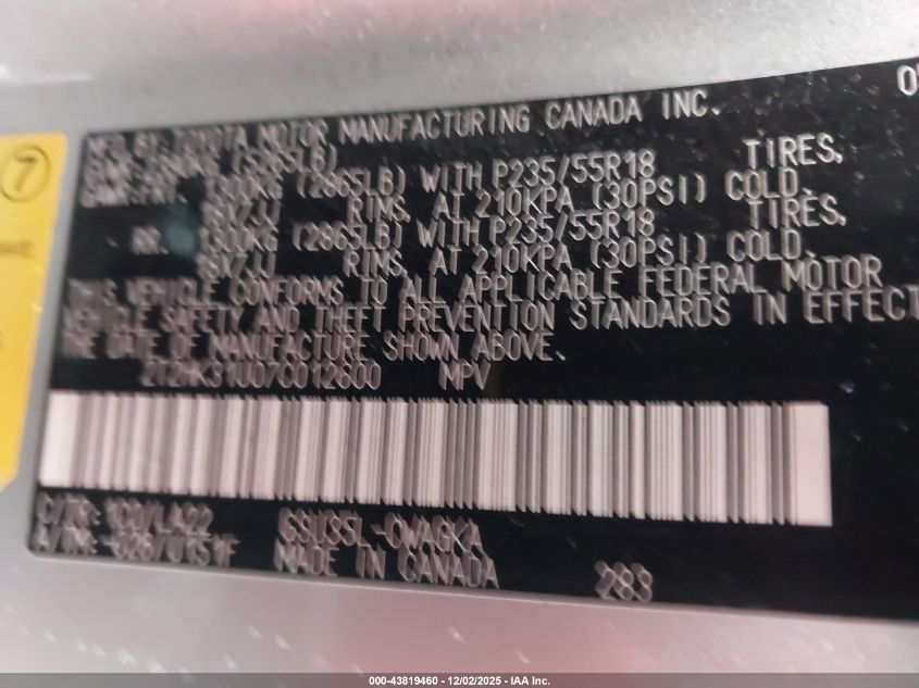 2007 Lexus Rx 350 VIN: 2T2HK31U07C012600 Lot: 43819460