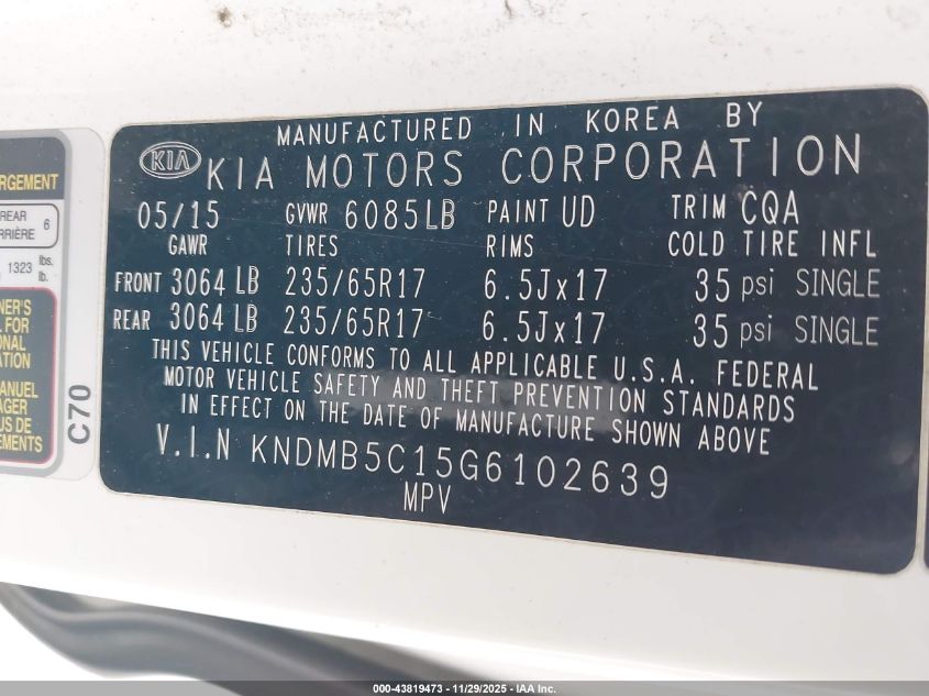 2016 Kia Sedona Lx VIN: KNDMB5C15G6102639 Lot: 43819473