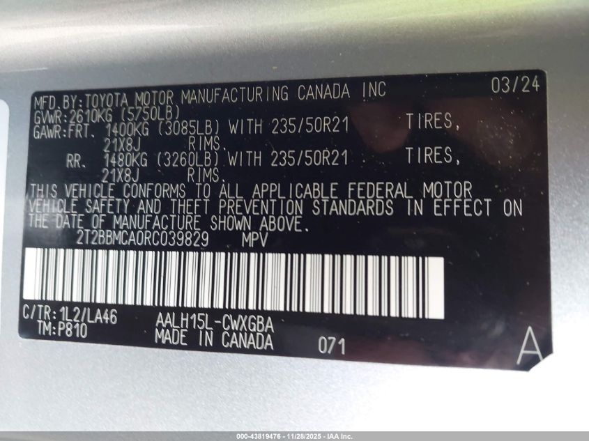 2024 Lexus Rx 350H Luxury VIN: 2T2BBMCA0RC039829 Lot: 43819476