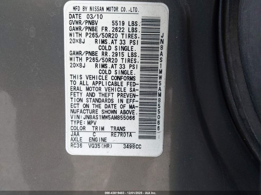 2010 Infiniti Fx35 VIN: JN8AS1MW5AM855066 Lot: 43819483