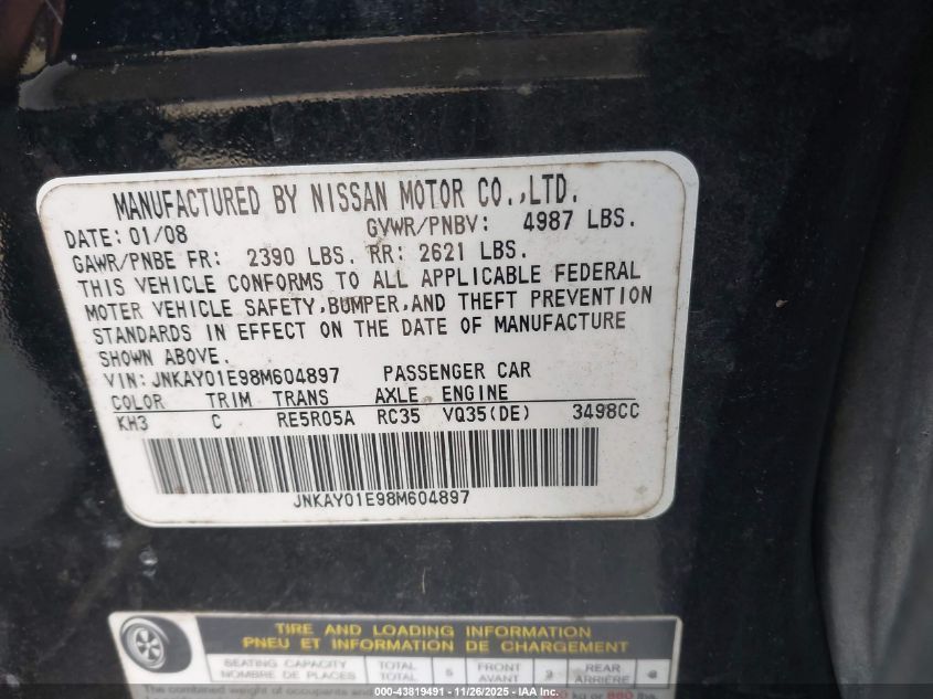 2008 Infiniti M35 VIN: JNKAY01E98M604897 Lot: 43819491