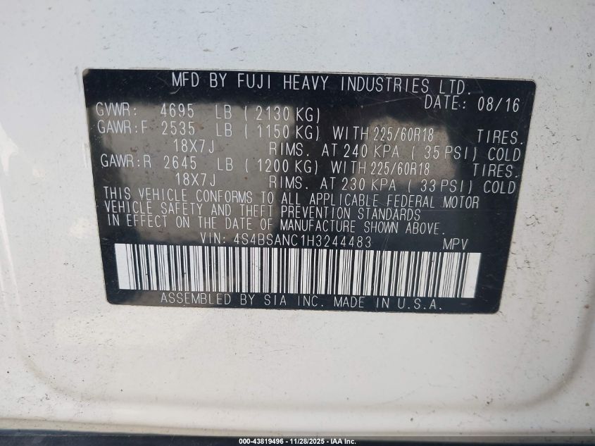 2017 Subaru Outback 2.5I Limited VIN: 4S4BSANC1H3244483 Lot: 43819496