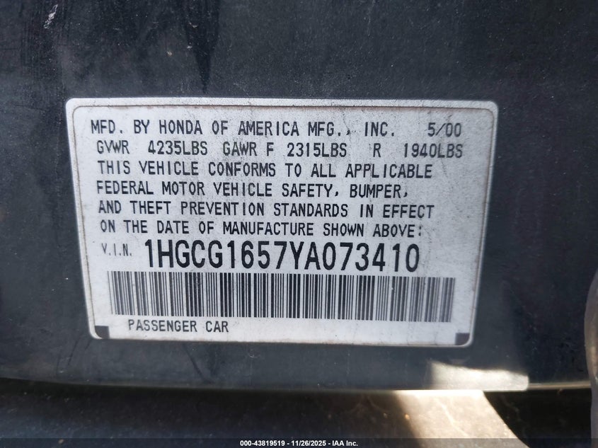 2000 Honda Accord 3.0 Ex VIN: 1HGCG1657YA073410 Lot: 43819519