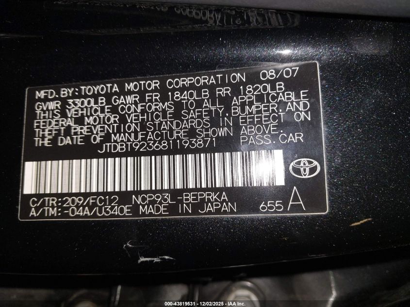 2008 Toyota Yaris VIN: JTDBT923681193871 Lot: 43819531