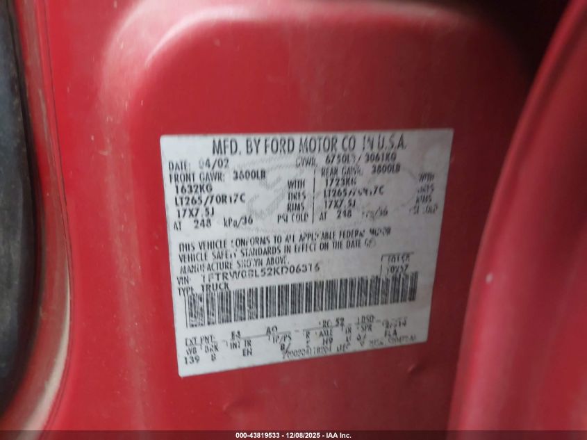 2002 Ford F-150 Lariat/Xlt VIN: 1FTRW08L52KD06316 Lot: 43819533