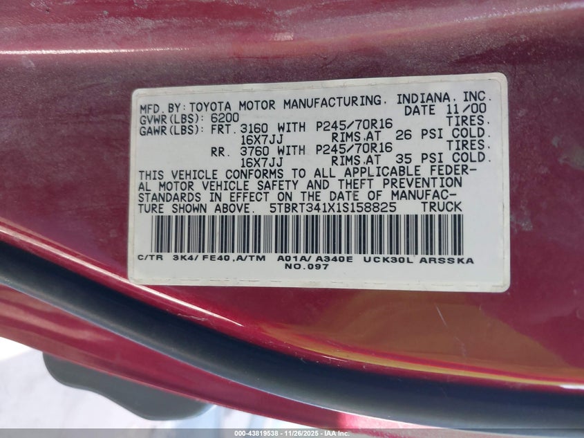 2001 Toyota Tundra Sr5 V8 VIN: 5TBRT341X1S158825 Lot: 43819538