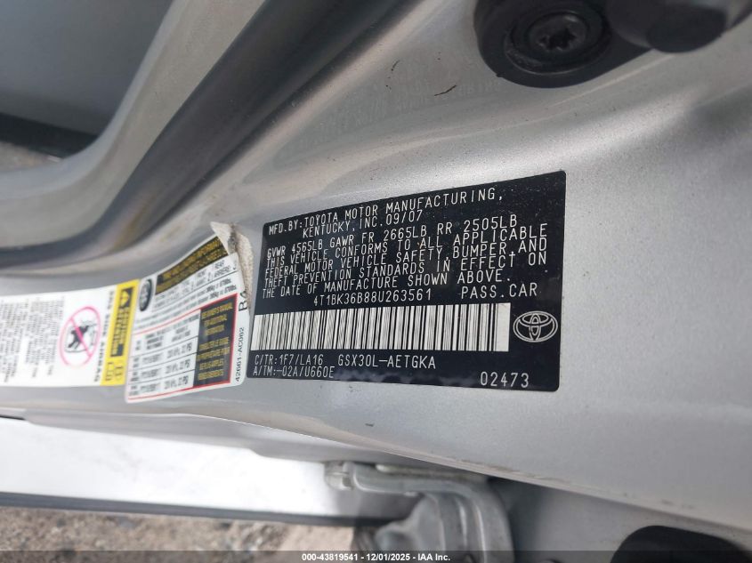 2008 Toyota Avalon Xls VIN: 4T1BK36B88U263561 Lot: 43819541