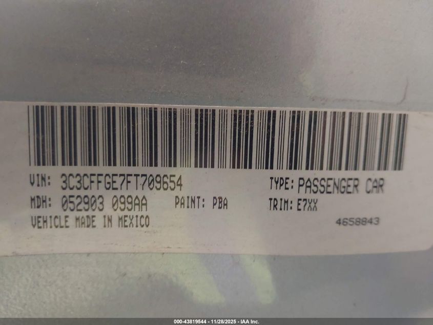 2015 Fiat 500E Battery Electric VIN: 3C3CFFGE7FT709654 Lot: 43819544