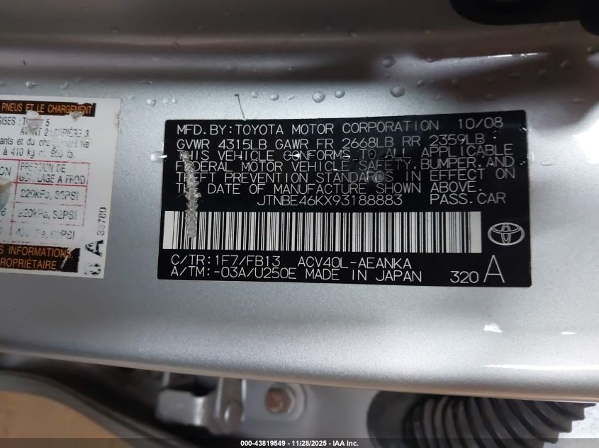 2009 Toyota Camry Le VIN: JTNBE46KX93188883 Lot: 43819549