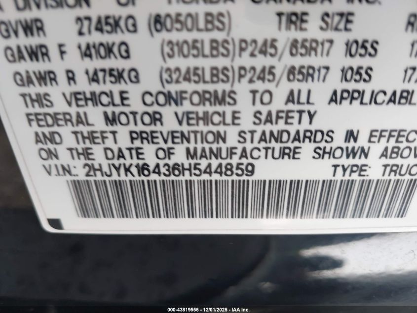 2006 Honda Ridgeline Rts VIN: 2HJYK16436H544859 Lot: 43819556
