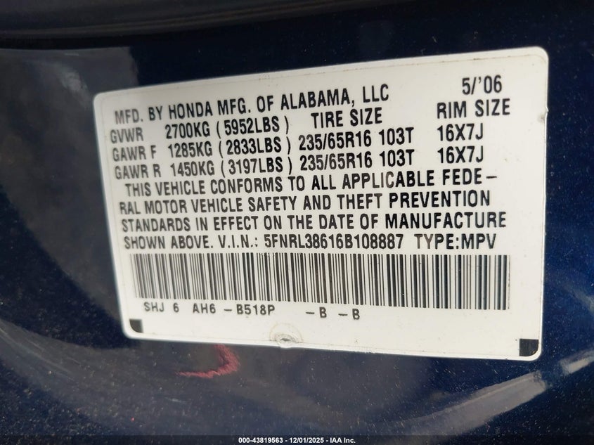 5FNRL38616B108887 2006 HONDA ODYSSEY photo no. 9