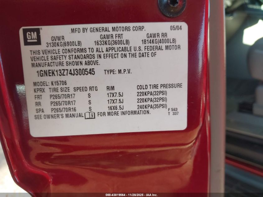 2004 Chevrolet Tahoe Lt VIN: 1GNEK13Z74J300545 Lot: 43819564