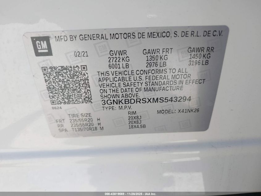 2021 Chevrolet Blazer Fwd 3Lt VIN: 3GNKBDRSXMS543294 Lot: 43819569