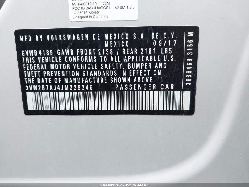 2018 Volkswagen Jetta 1.4T S VIN: 3VW2B7AJ4JM229246 Lot: 43819576