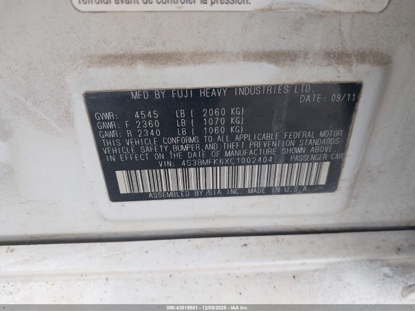 2012 Subaru Legacy 2.5Gt Limited VIN: 4S3BMFK6XC1002404 Lot: 43819581