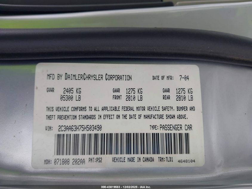 2005 Chrysler 300C VIN: 2C3AA63H75H503490 Lot: 43819583