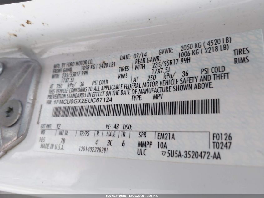 2014 Ford Escape Se VIN: 1FMCU0GX2EUC67124 Lot: 43819588