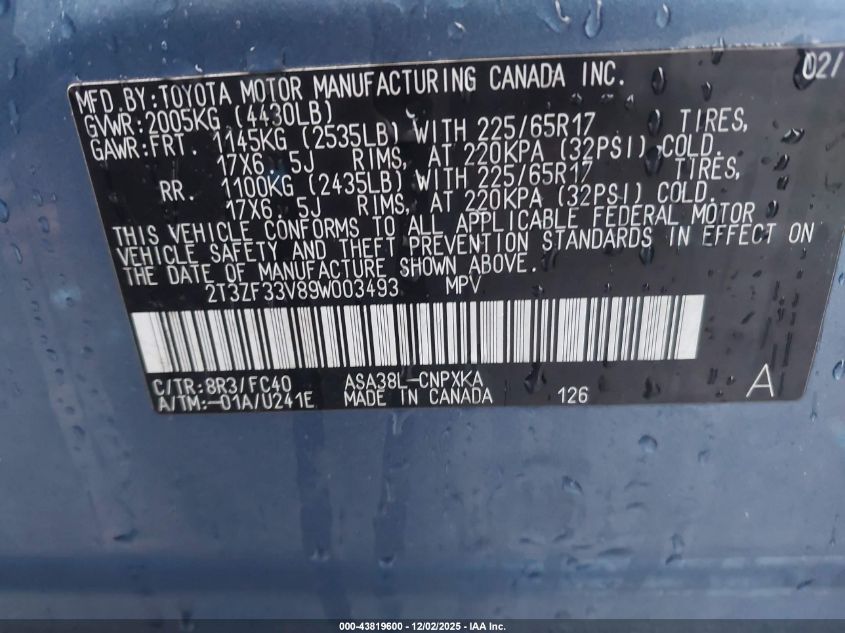 2009 Toyota Rav4 VIN: 2T3ZF33V89W003493 Lot: 43819600